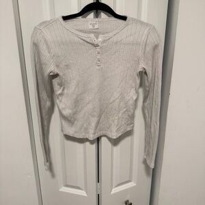 White Ribbed Long Sleeve Henley Crop Top